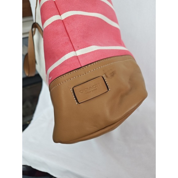 Coach Hadley Variegated Coral & Beige Striped Canvas Leather Tote Bag F30302 - Picture 5 of 16